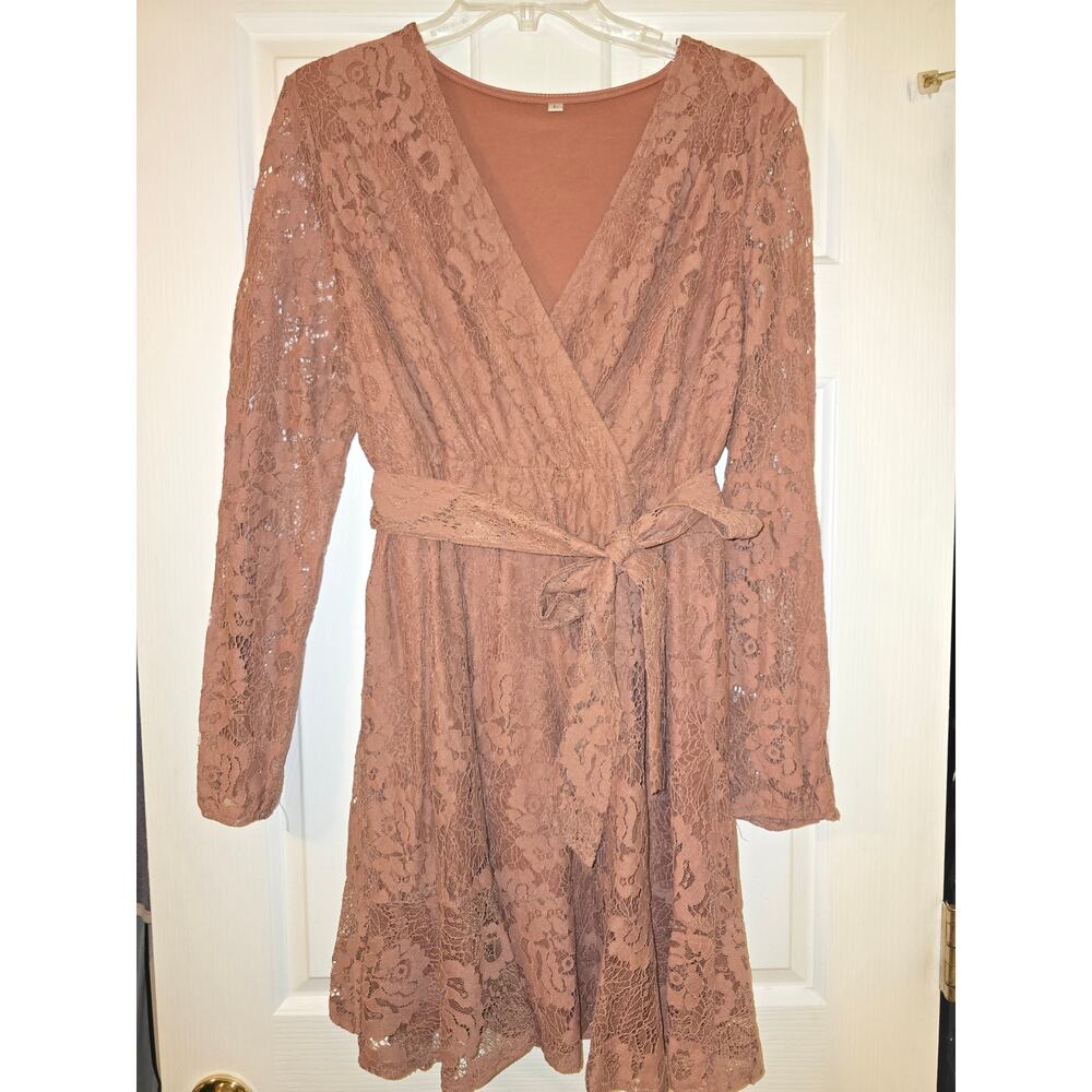 Caracilia Floral Lace Wrap V Neck Long Sleeve Tie Ruffle Hem Dress w Belt L Pink